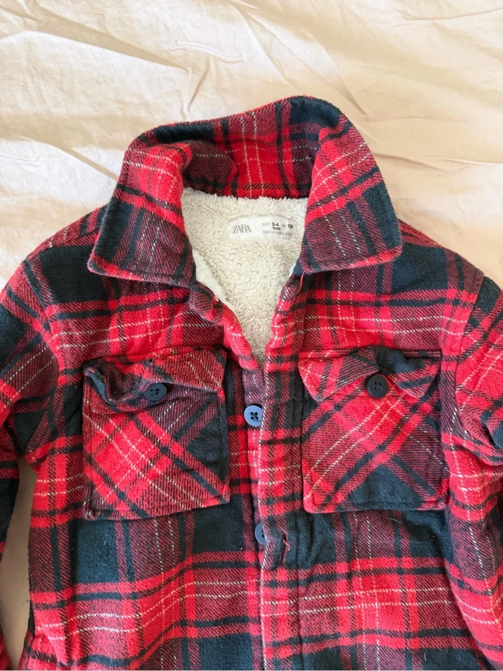 Zara Kids Red & Black Plaid Sherpa-Lined Pea Coat 3-4Y